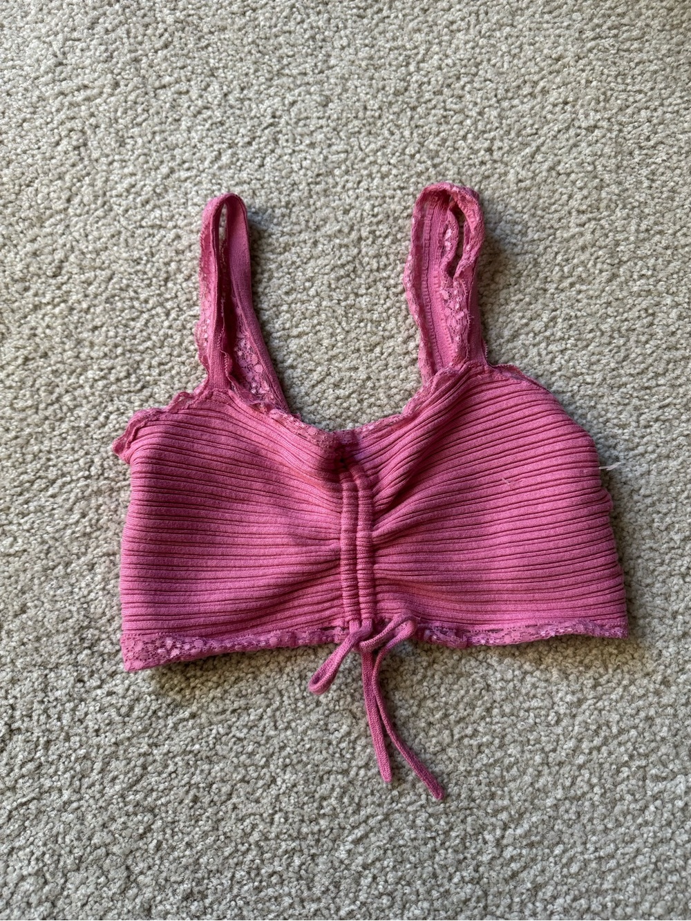 Garage Mauve Pink Ribbed Lace-Trim Drawstring Crop Tank y2k